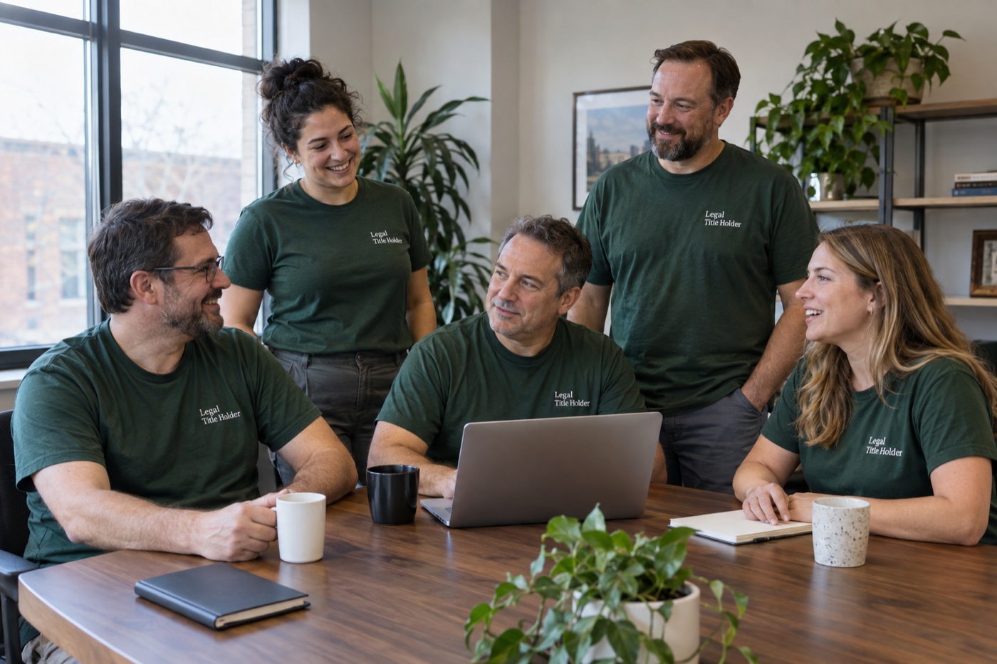 Illustration of a team gathered around a table in a bright office